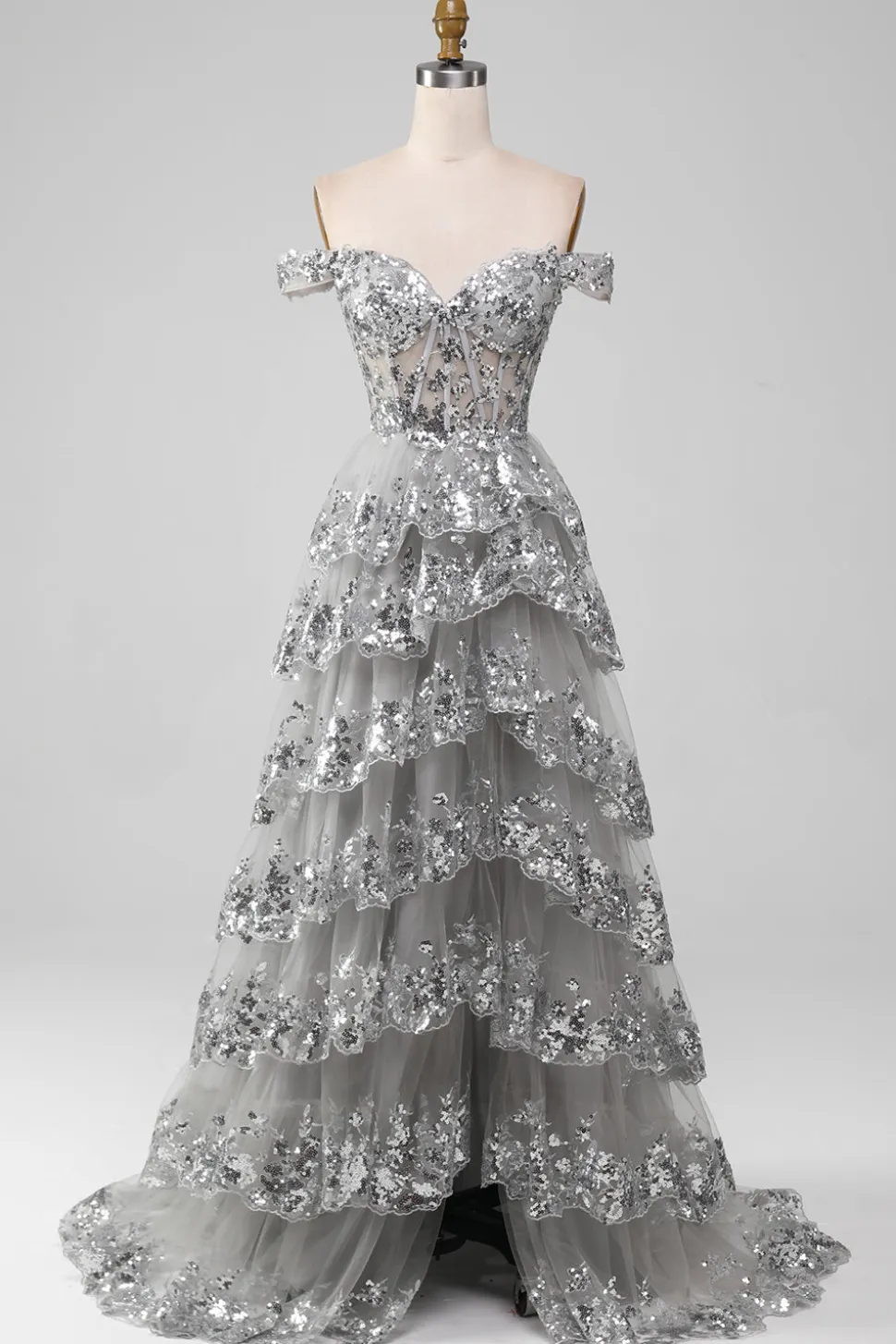 Fora do ombro cinza brilhante vestido de baile de formatura com fenda