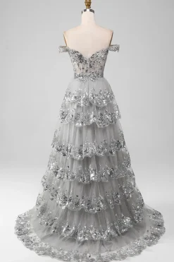 Fora do ombro cinza brilhante vestido de baile de formatura com fenda