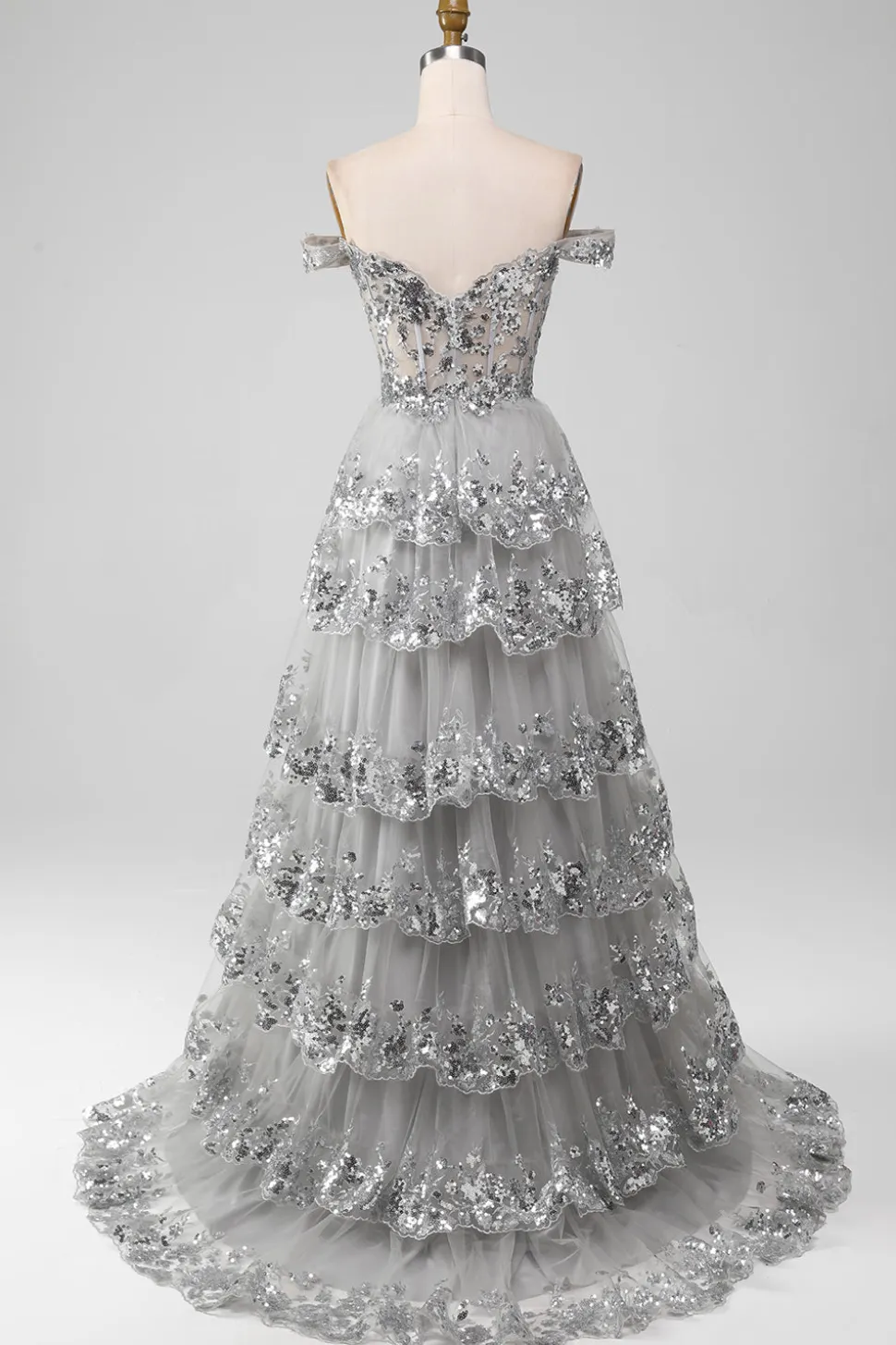 Fora do ombro cinza brilhante vestido de baile de formatura com fenda