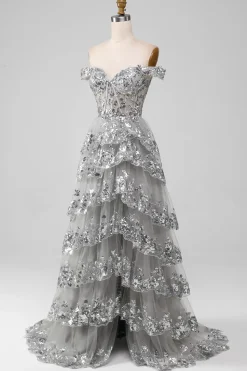 Fora do ombro cinza brilhante vestido de baile de formatura com fenda