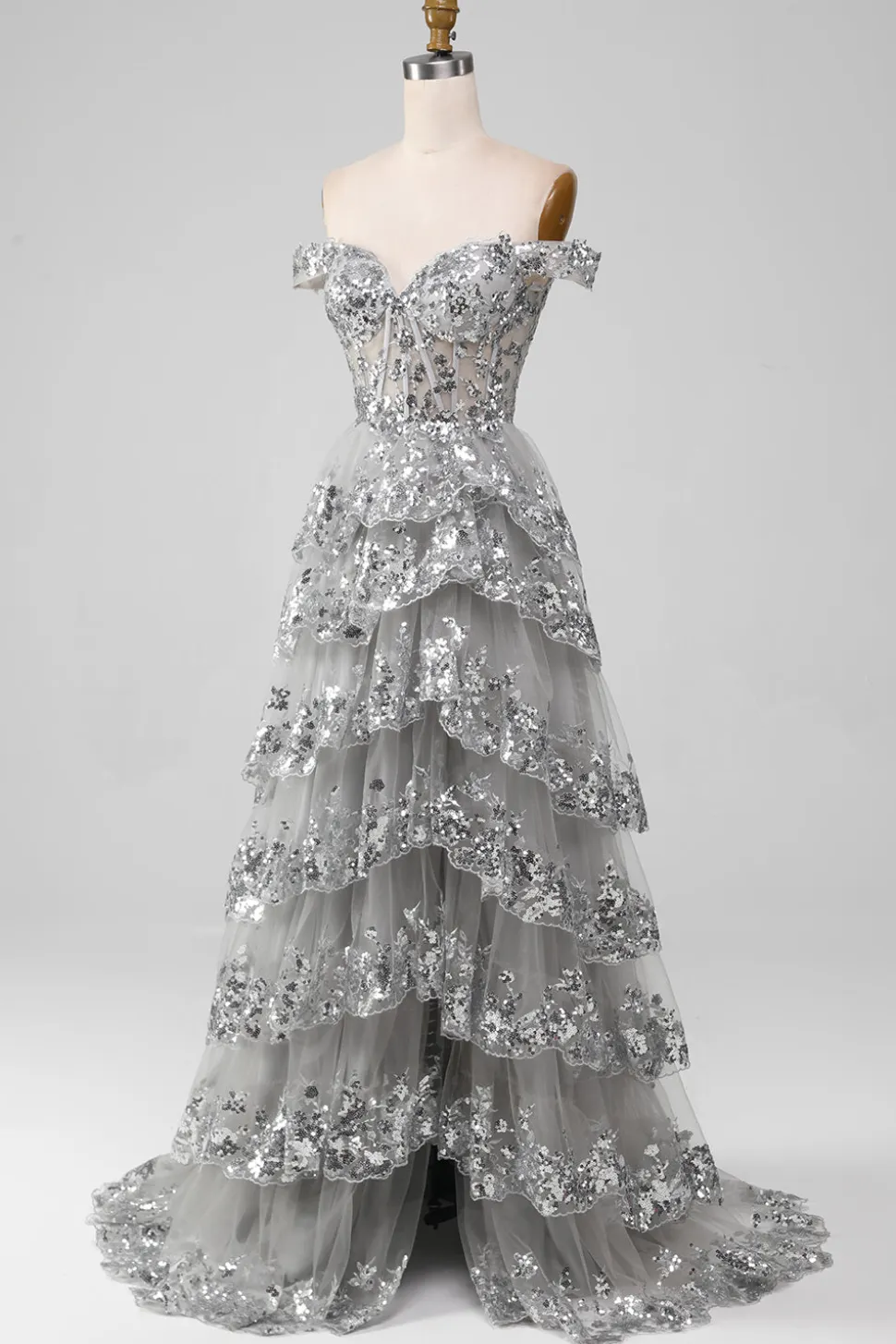 Fora do ombro cinza brilhante vestido de baile de formatura com fenda