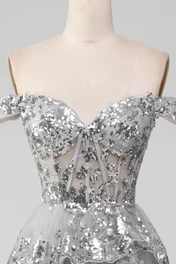 Fora do ombro cinza brilhante vestido de baile de formatura com fenda