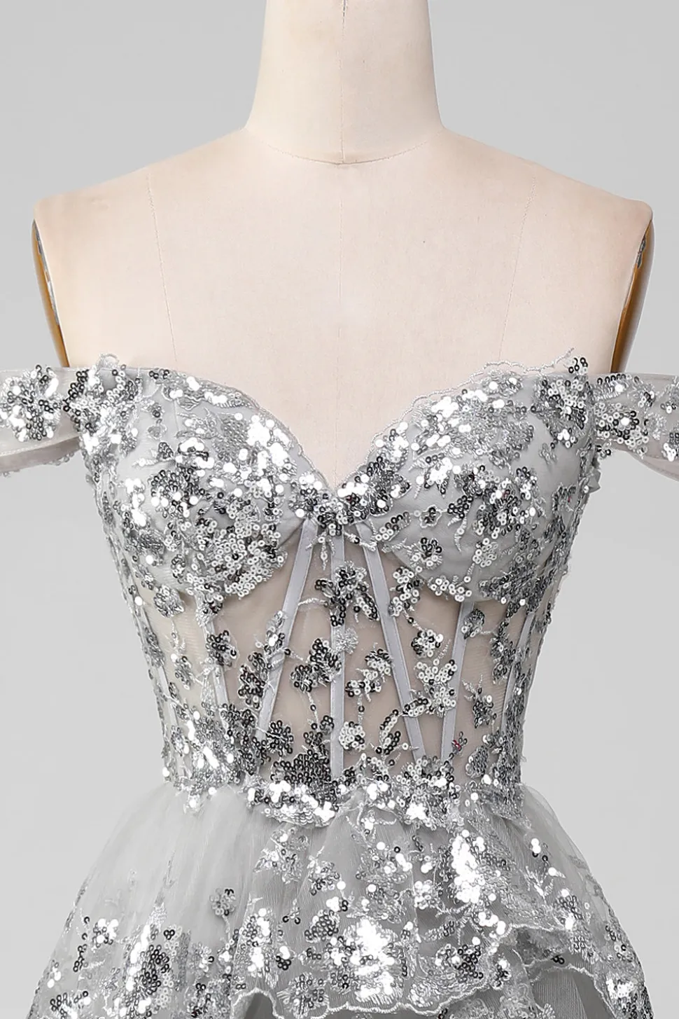 Fora do ombro cinza brilhante vestido de baile de formatura com fenda