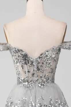 Fora do ombro cinza brilhante vestido de baile de formatura com fenda