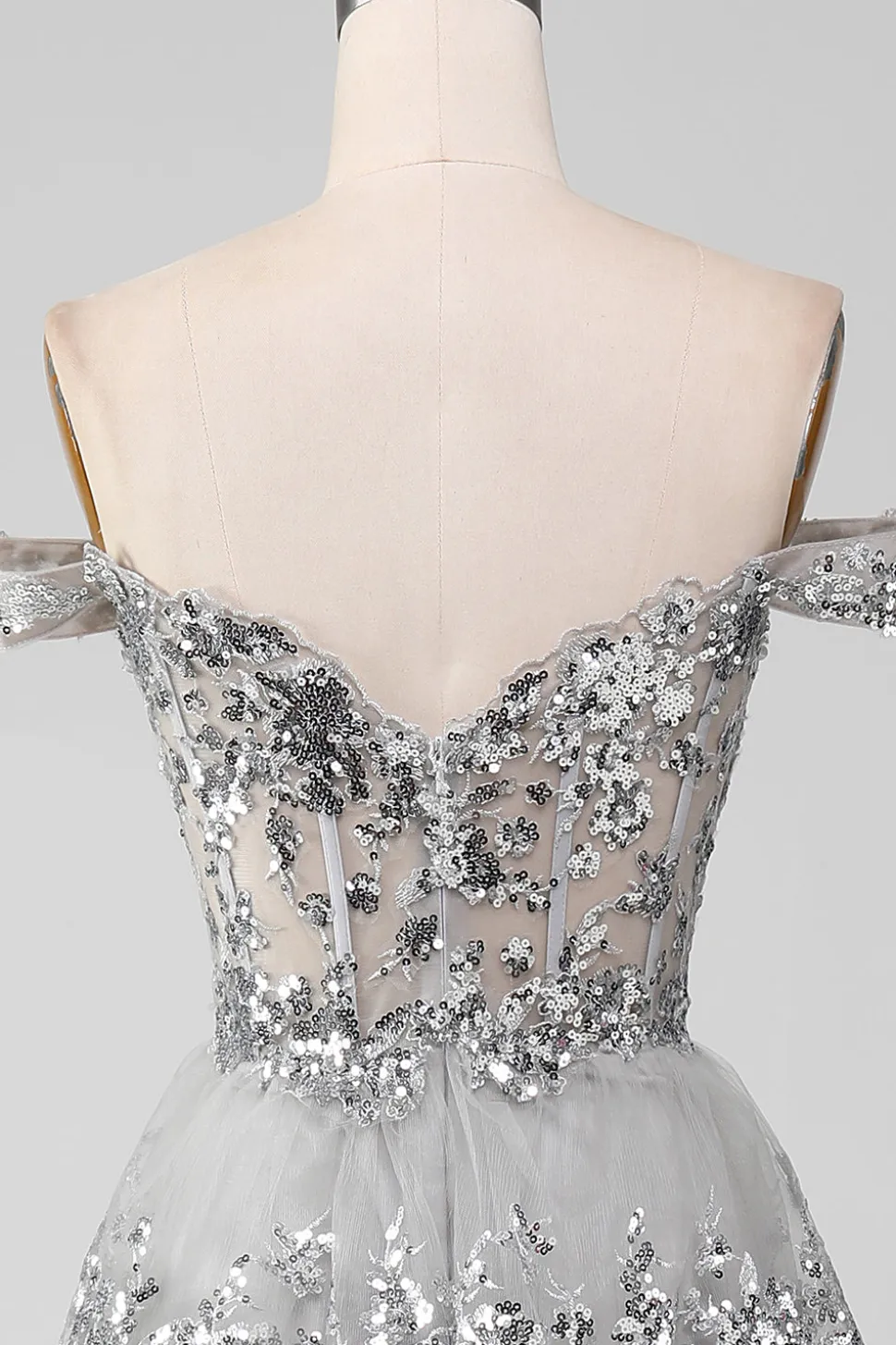 Fora do ombro cinza brilhante vestido de baile de formatura com fenda