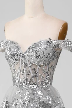 Fora do ombro cinza brilhante vestido de baile de formatura com fenda