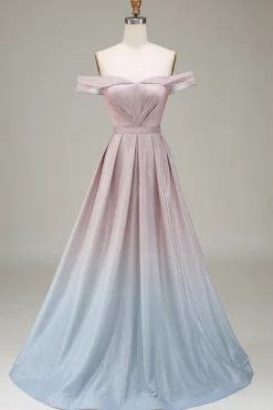 Fora do ombro cinza rosa brilhante vestido de baile com pregado