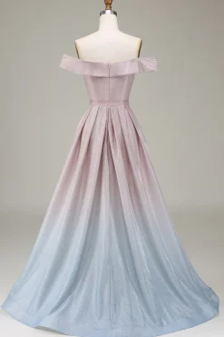 Fora do ombro cinza rosa brilhante vestido de baile com pregado