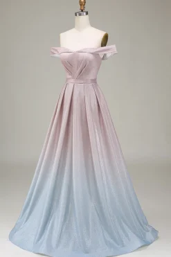 Fora do ombro cinza rosa brilhante vestido de baile com pregado