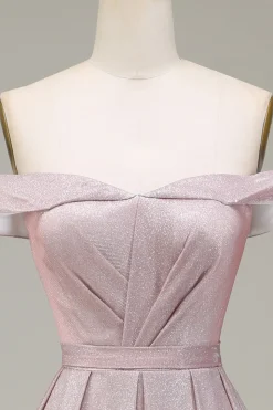 Fora do ombro cinza rosa brilhante vestido de baile com pregado