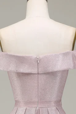 Fora do ombro cinza rosa brilhante vestido de baile com pregado