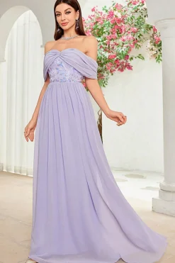 Fora do ombro cinza roxo floral vestido longo baile