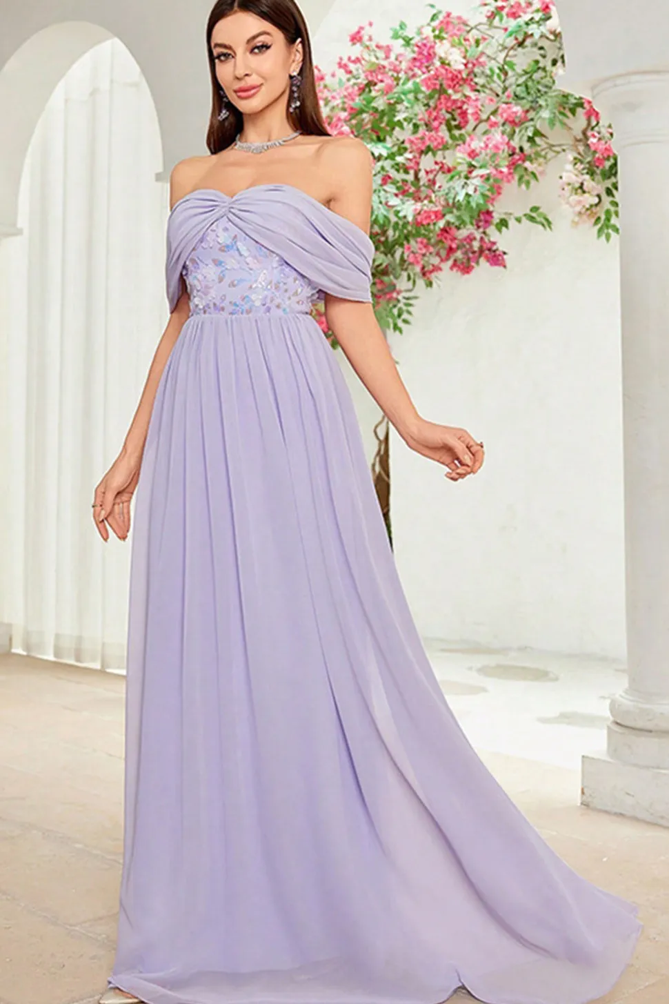 Fora do ombro cinza roxo floral vestido longo baile
