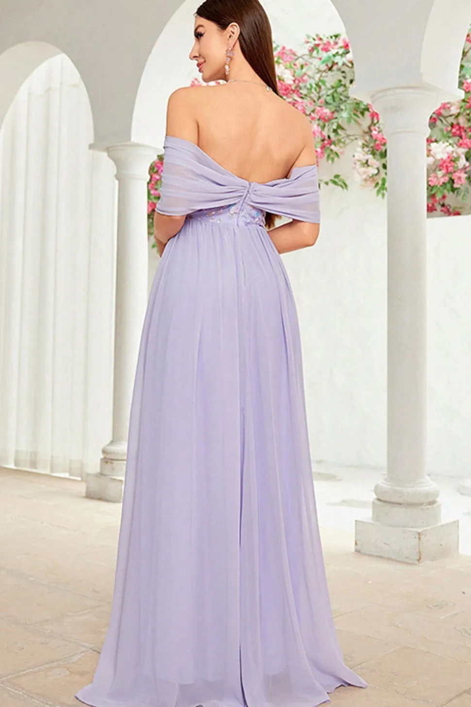 Fora do ombro cinza roxo floral vestido longo baile