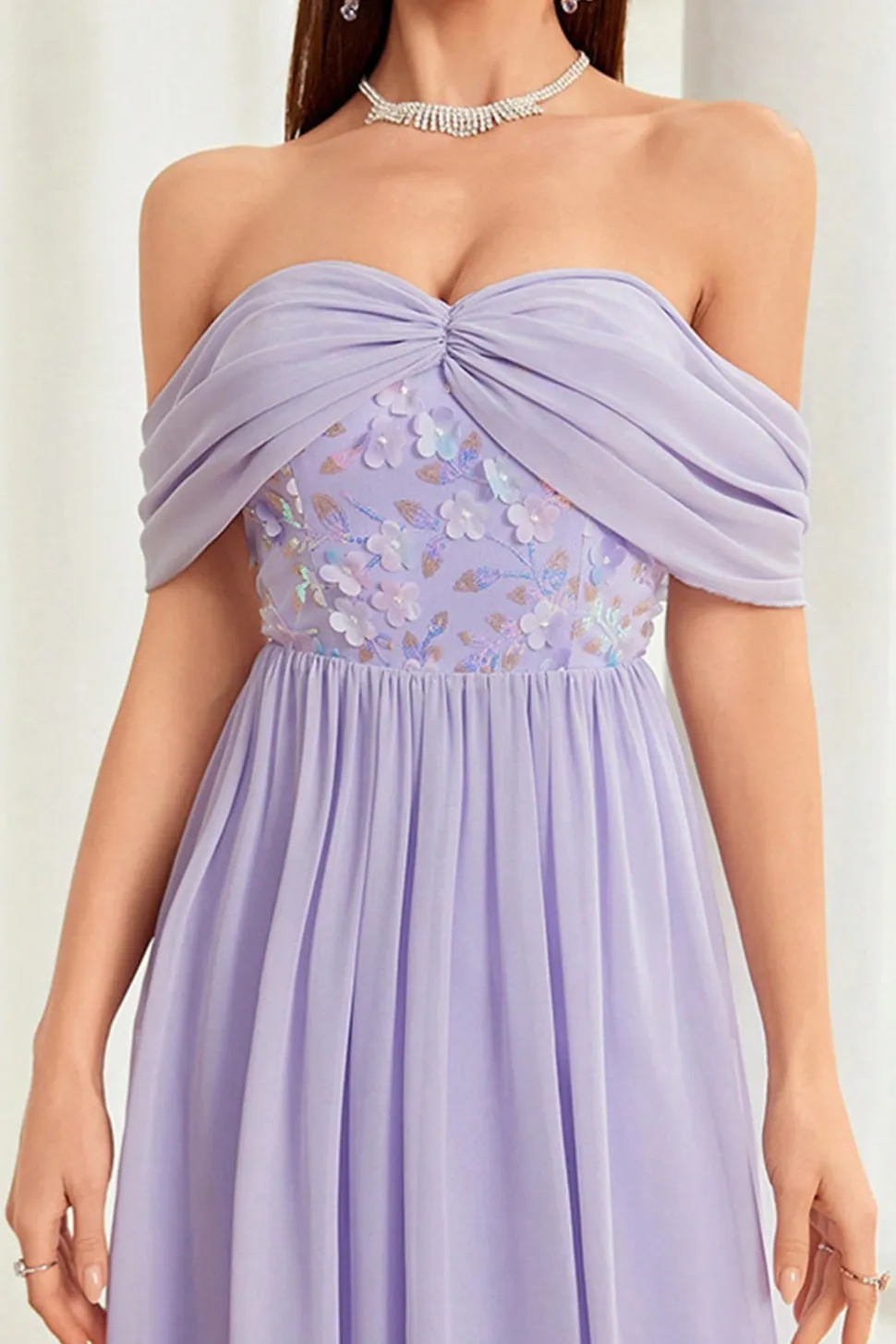 Fora do ombro cinza roxo floral vestido longo baile