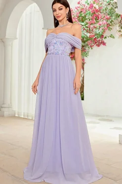 Fora do ombro cinza roxo floral vestido longo baile