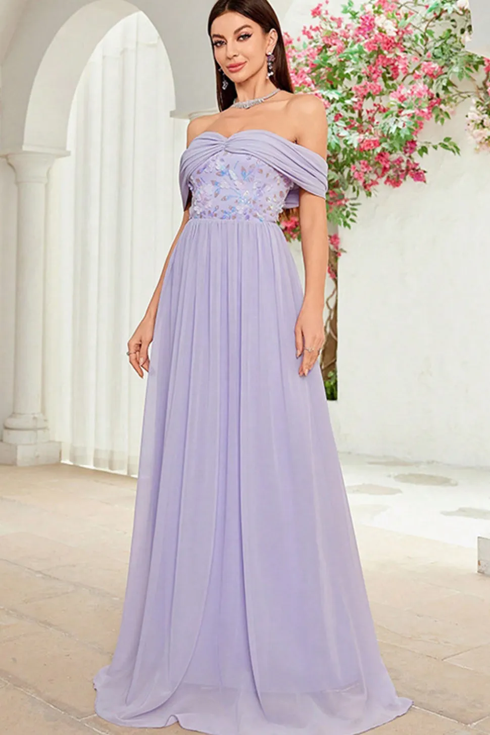 Fora do ombro cinza roxo floral vestido longo baile