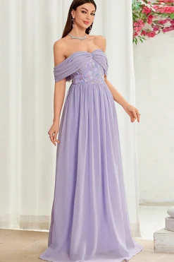 Fora do ombro cinza roxo floral vestido longo baile