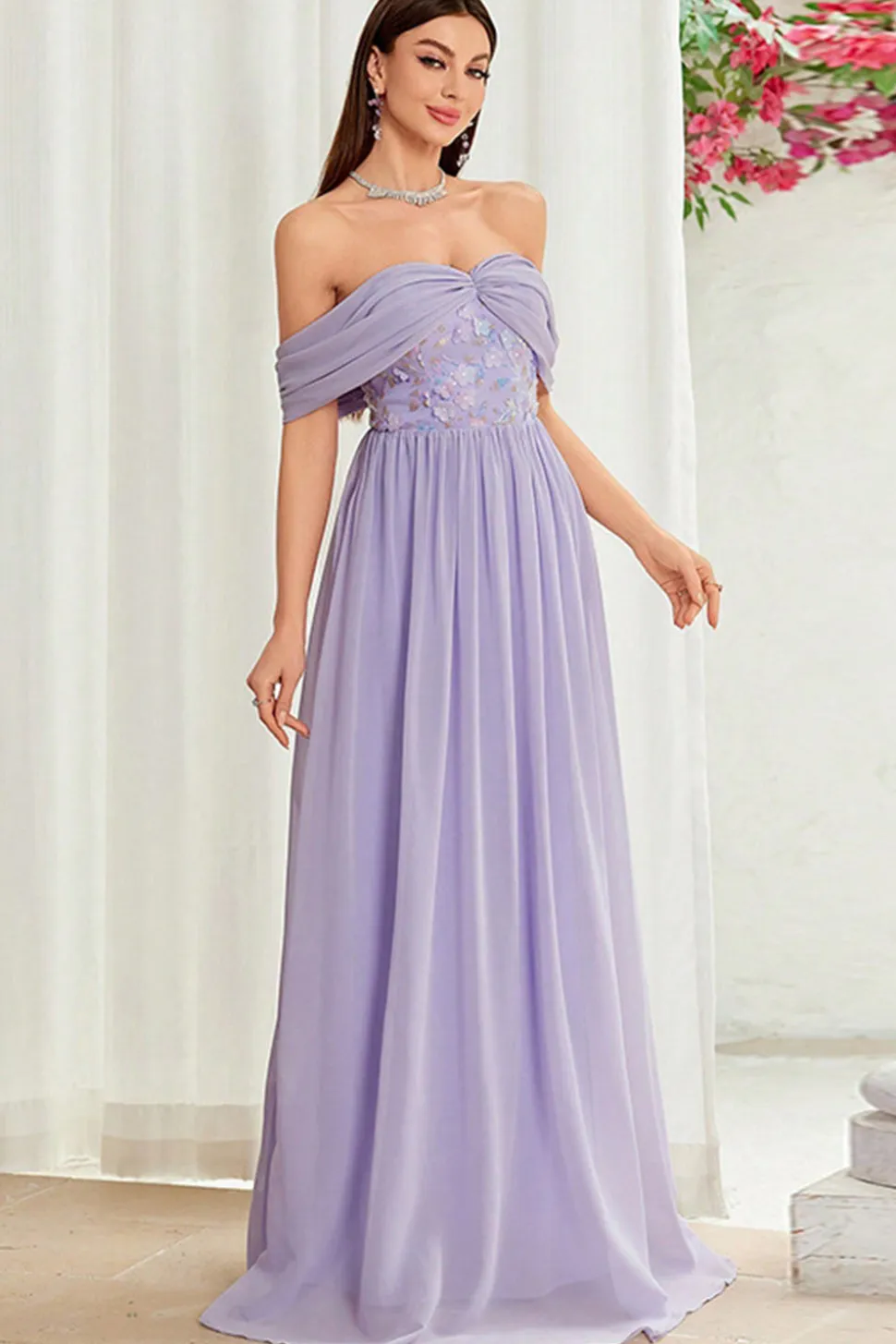 Fora do ombro cinza roxo floral vestido longo baile