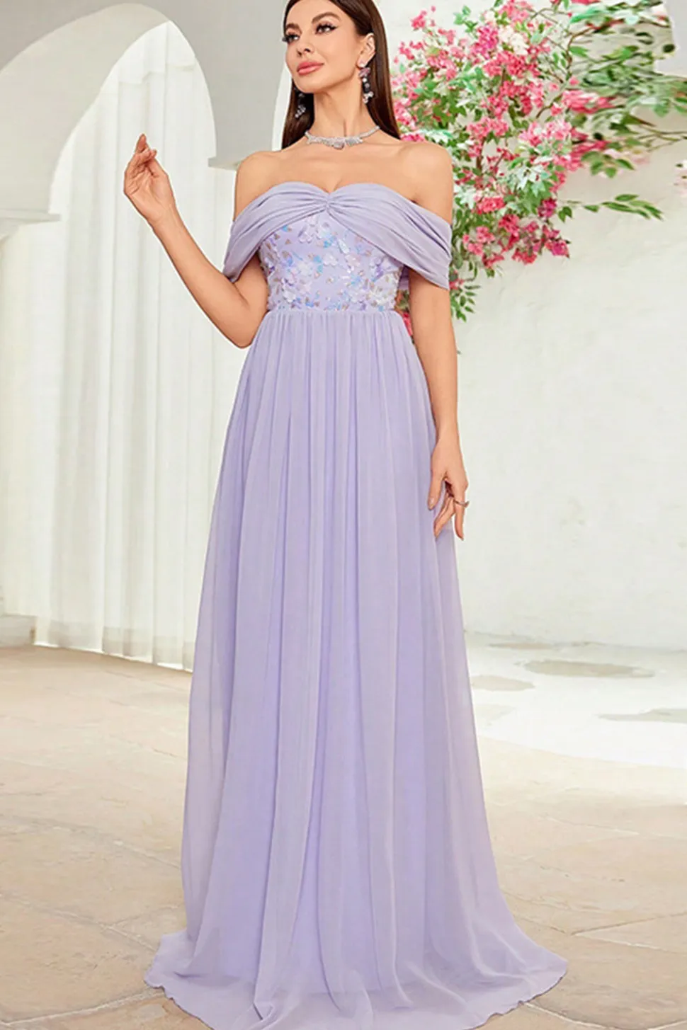 Fora do ombro cinza roxo floral vestido longo baile
