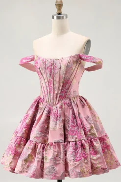 Fora do ombro estampado A-Line Corset Homecoming Dress