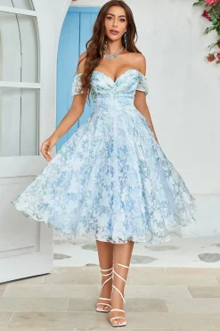 Fora do Ombro Estampado Vestido de Cocktail Azul