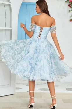Fora do Ombro Estampado Vestido de Cocktail Azul