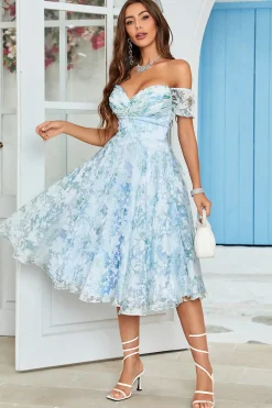 Fora do Ombro Estampado Vestido de Cocktail Azul