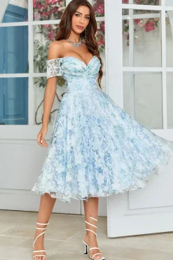 Fora do Ombro Estampado Vestido de Cocktail Azul