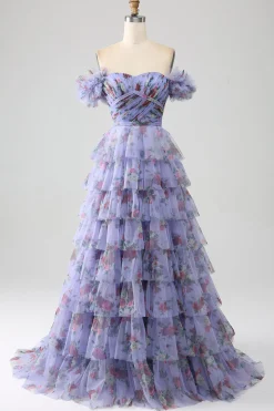 Fora do ombro floral estampado vestido de baile de formatura com pregas
