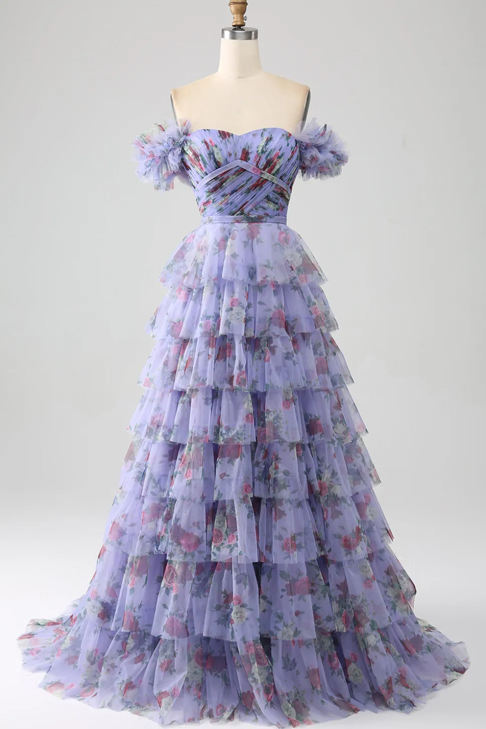 Fora do ombro floral estampado vestido de baile de formatura com pregas