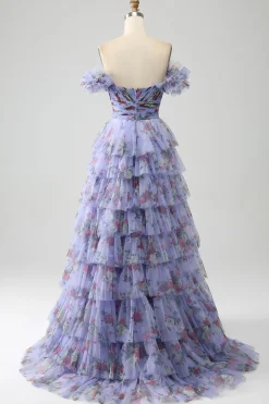 Fora do ombro floral estampado vestido de baile de formatura com pregas