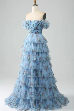Fora do ombro floral estampado vestido de baile de formatura com pregas