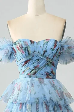 Fora do ombro floral estampado vestido de baile de formatura com pregas