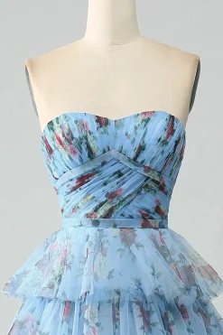 Fora do ombro floral estampado vestido de baile de formatura com pregas