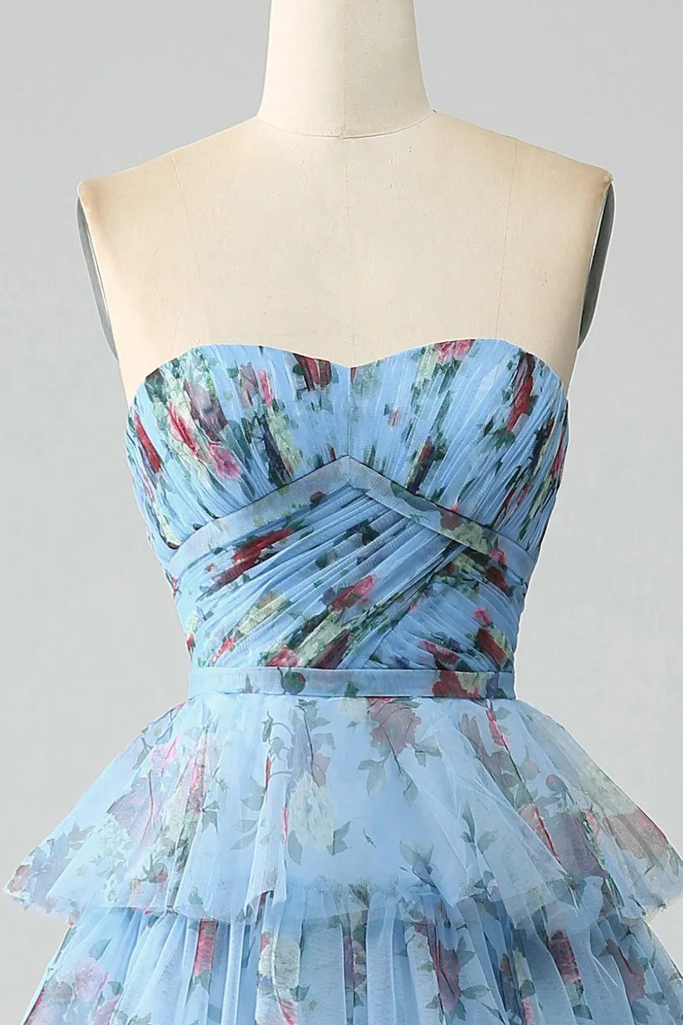 Fora do ombro floral estampado vestido de baile de formatura com pregas