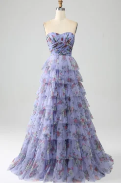 Fora do ombro floral estampado vestido de baile de formatura com pregas