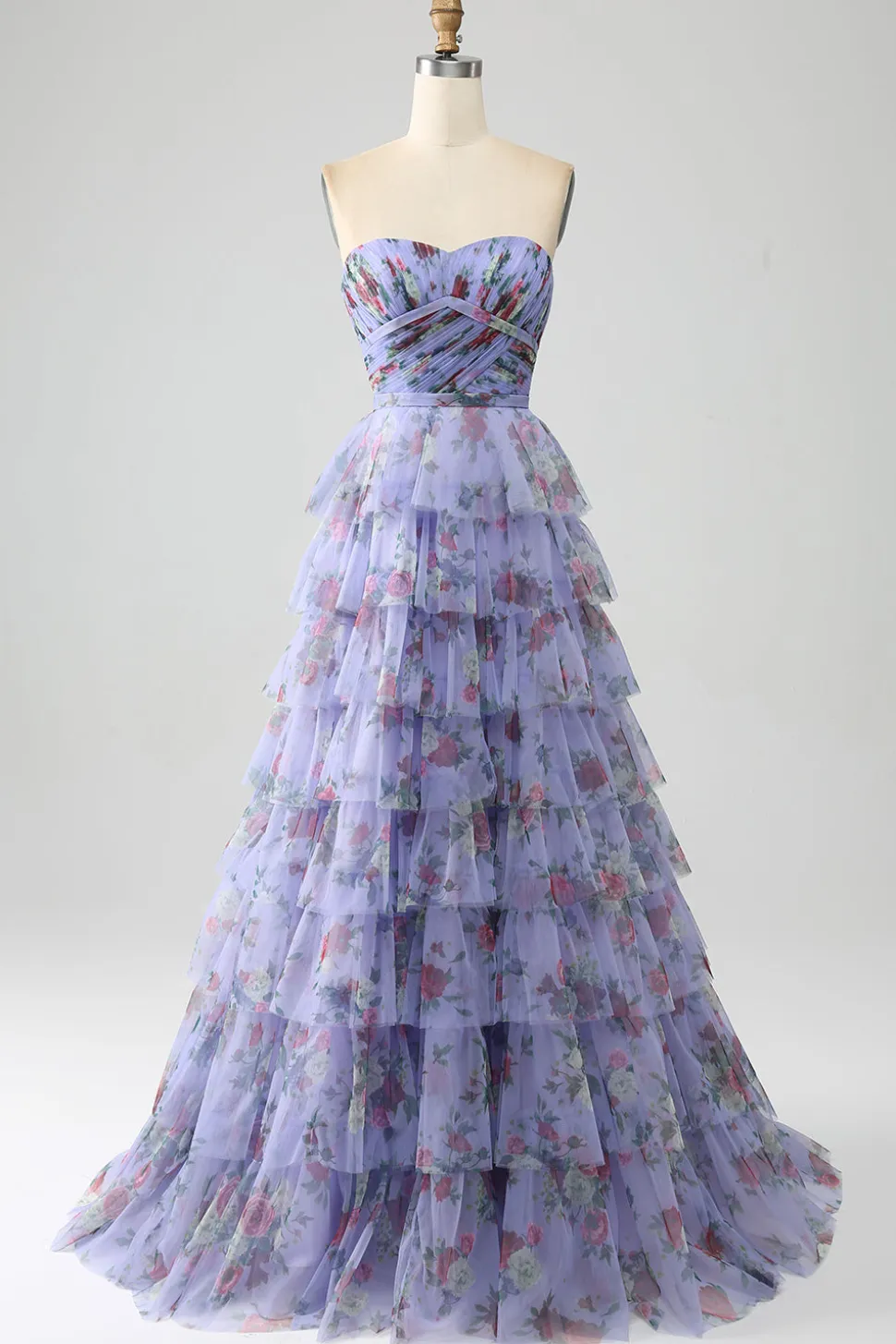 Fora do ombro floral estampado vestido de baile de formatura com pregas