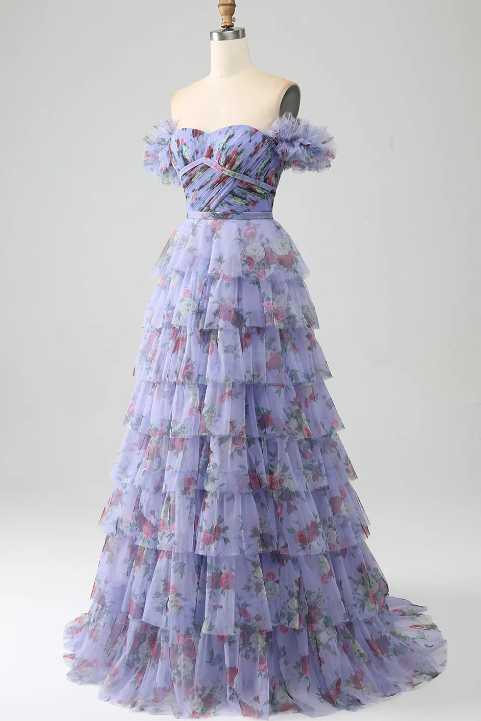 Fora do ombro floral estampado vestido de baile de formatura com pregas