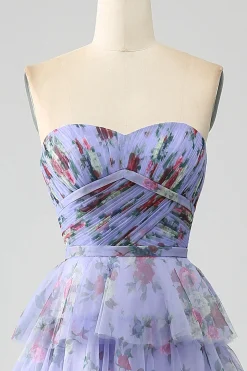 Fora do ombro floral estampado vestido de baile de formatura com pregas
