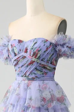 Fora do ombro floral estampado vestido de baile de formatura com pregas