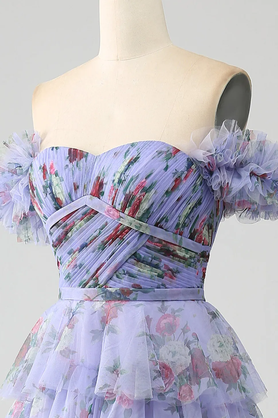 Fora do ombro floral estampado vestido de baile de formatura com pregas