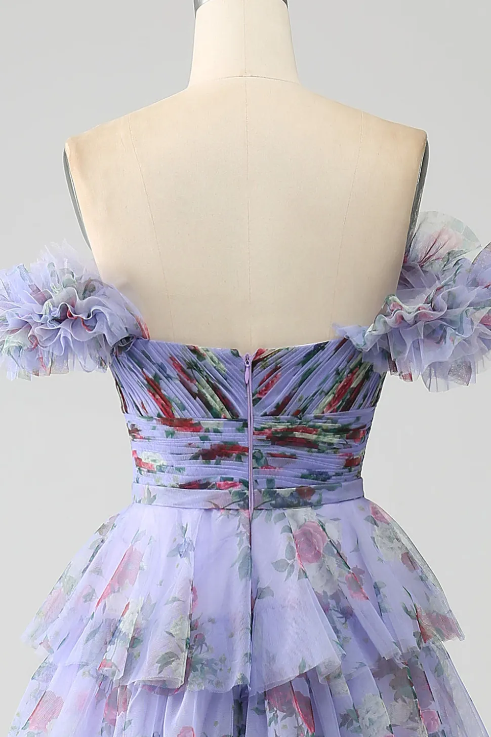 Fora do ombro floral estampado vestido de baile de formatura com pregas
