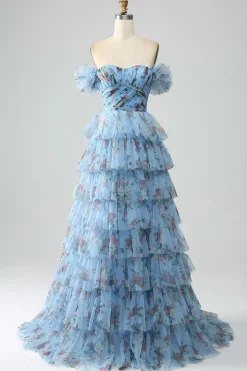 Fora do ombro floral estampado vestido de baile de formatura com pregas