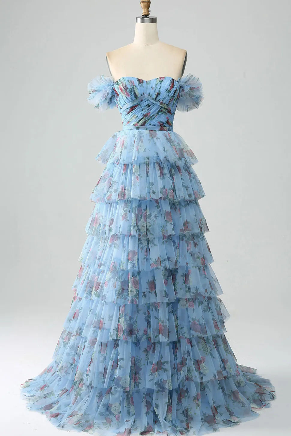 Fora do ombro floral estampado vestido de baile de formatura com pregas