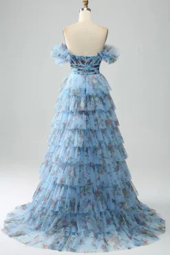 Fora do ombro floral estampado vestido de baile de formatura com pregas