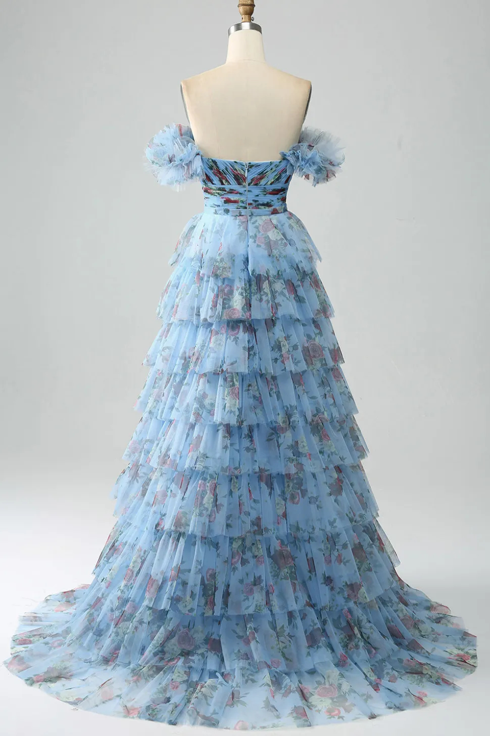 Fora do ombro floral estampado vestido de baile de formatura com pregas