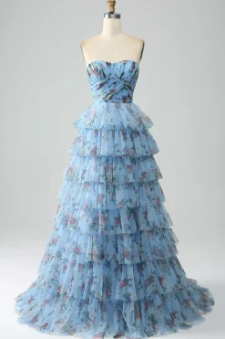Fora do ombro floral estampado vestido de baile de formatura com pregas