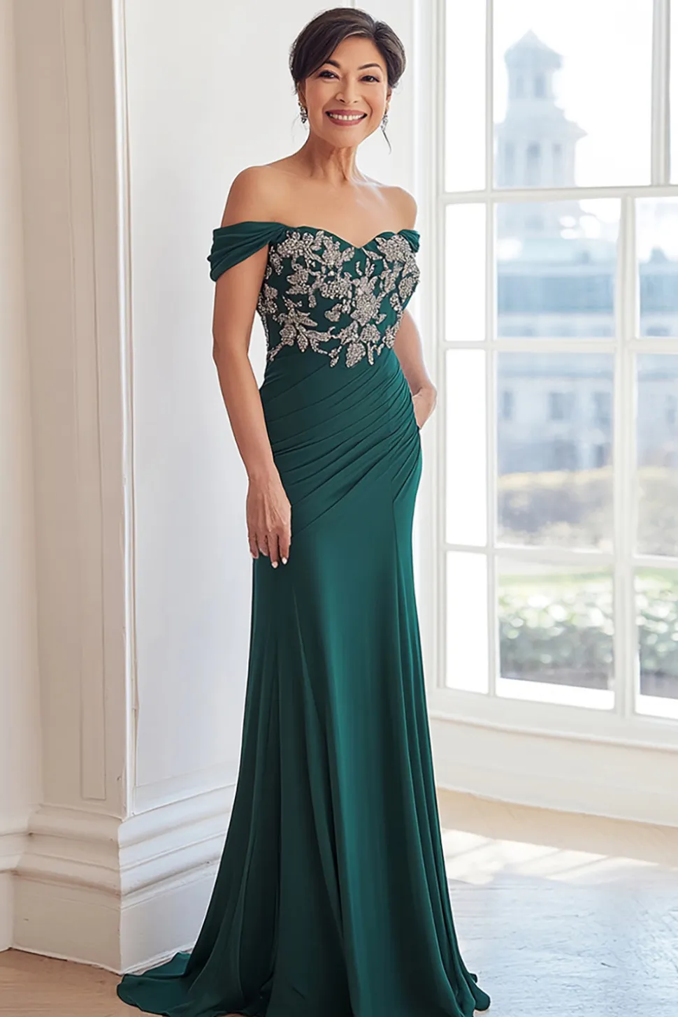 Fora do ombro frisado verde escuro chiffon longo mãe do vestido da noiva