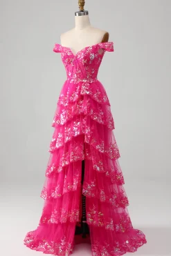 Fora do ombro Fuchsia vestido de baile com sequins